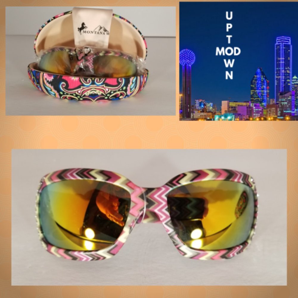 Montana West NWT Colorful Chevron Pink/Black Design Bling Sunglasses